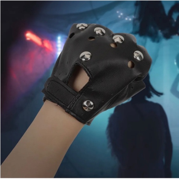 Studded Gloves - Bad Biker Fingerless Gloves - Halloween Rave Punk Rock - Picture 7 of 11
